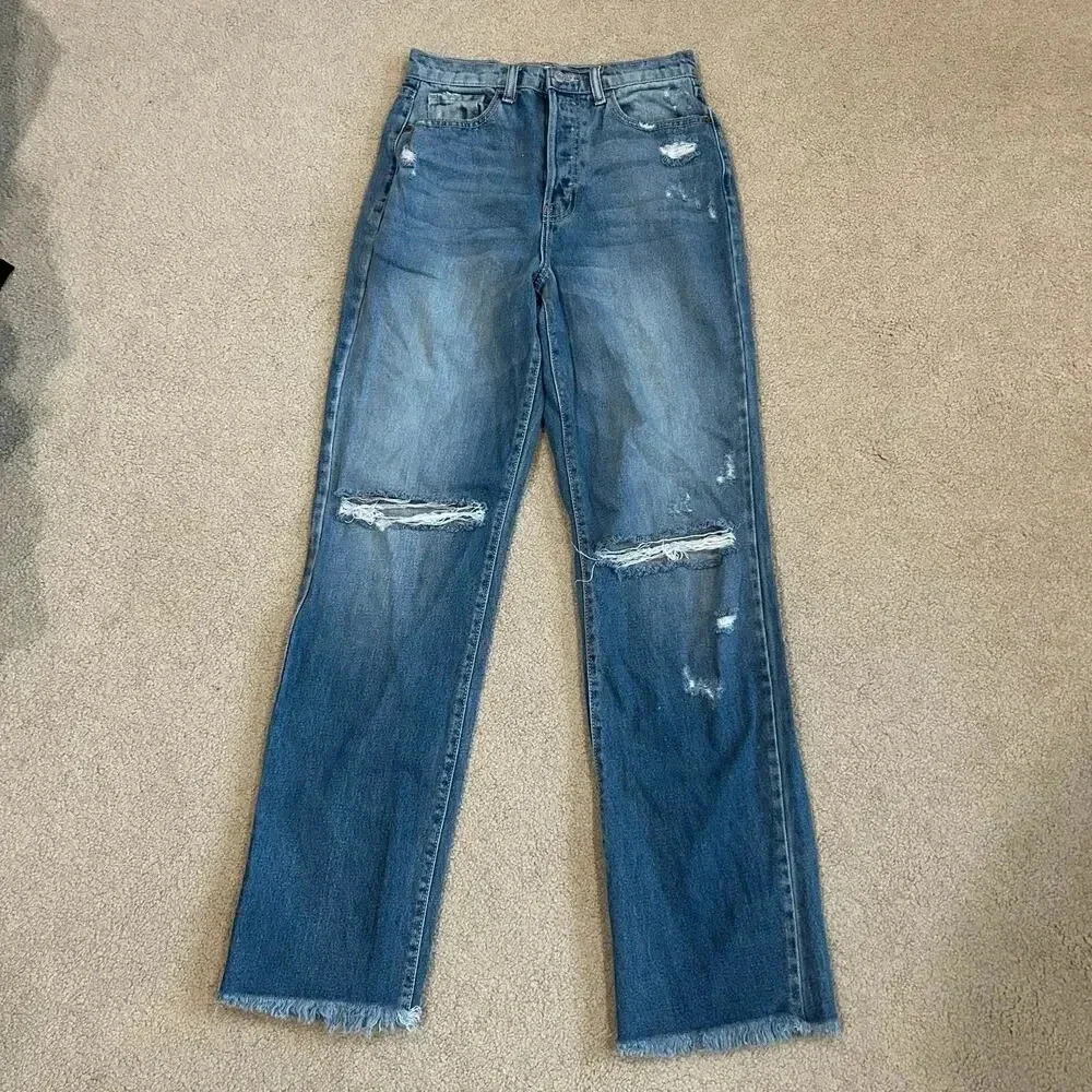 Cello Distressed Ripped Knee High Waist Raw Hem Cotton Straight Leg Jeans Size 3